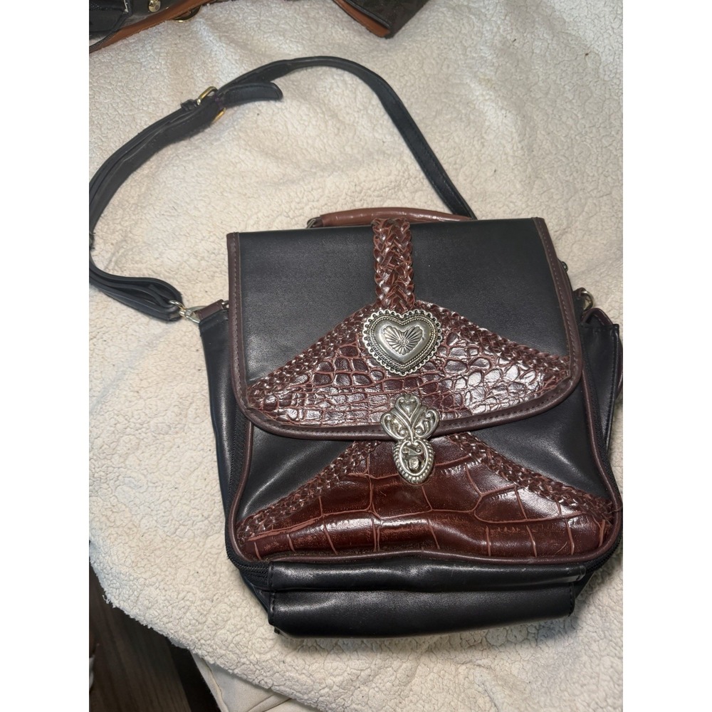 Vintage Black Brown Crocodile Embossed Crossbody Purse Silver Heart Accents